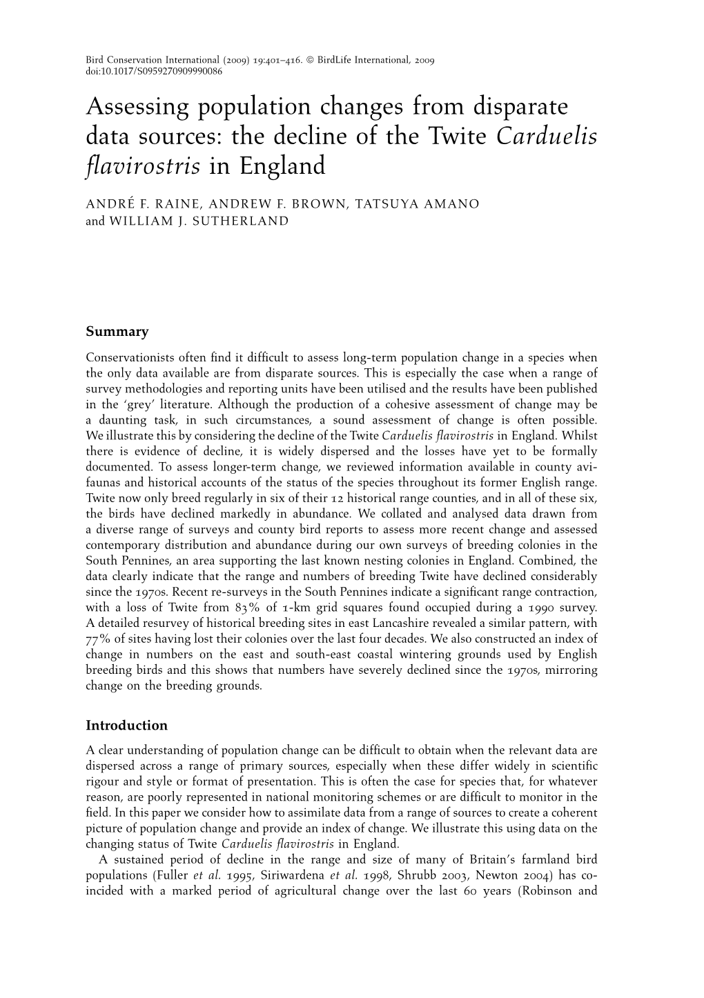 Assessing Population Changes from Disparate Data Sources: the Decline of the Twite Carduelis Flavirostris in England