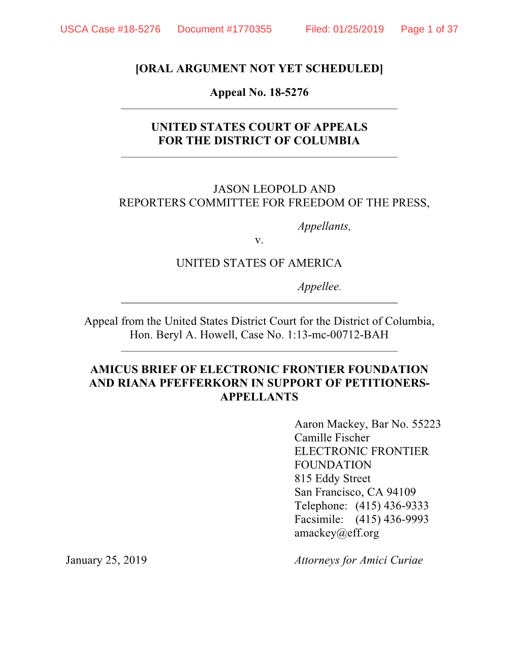 USCA Case #18-5276 Document #1770355 Filed: 01/25/2019 Page 1 of 37