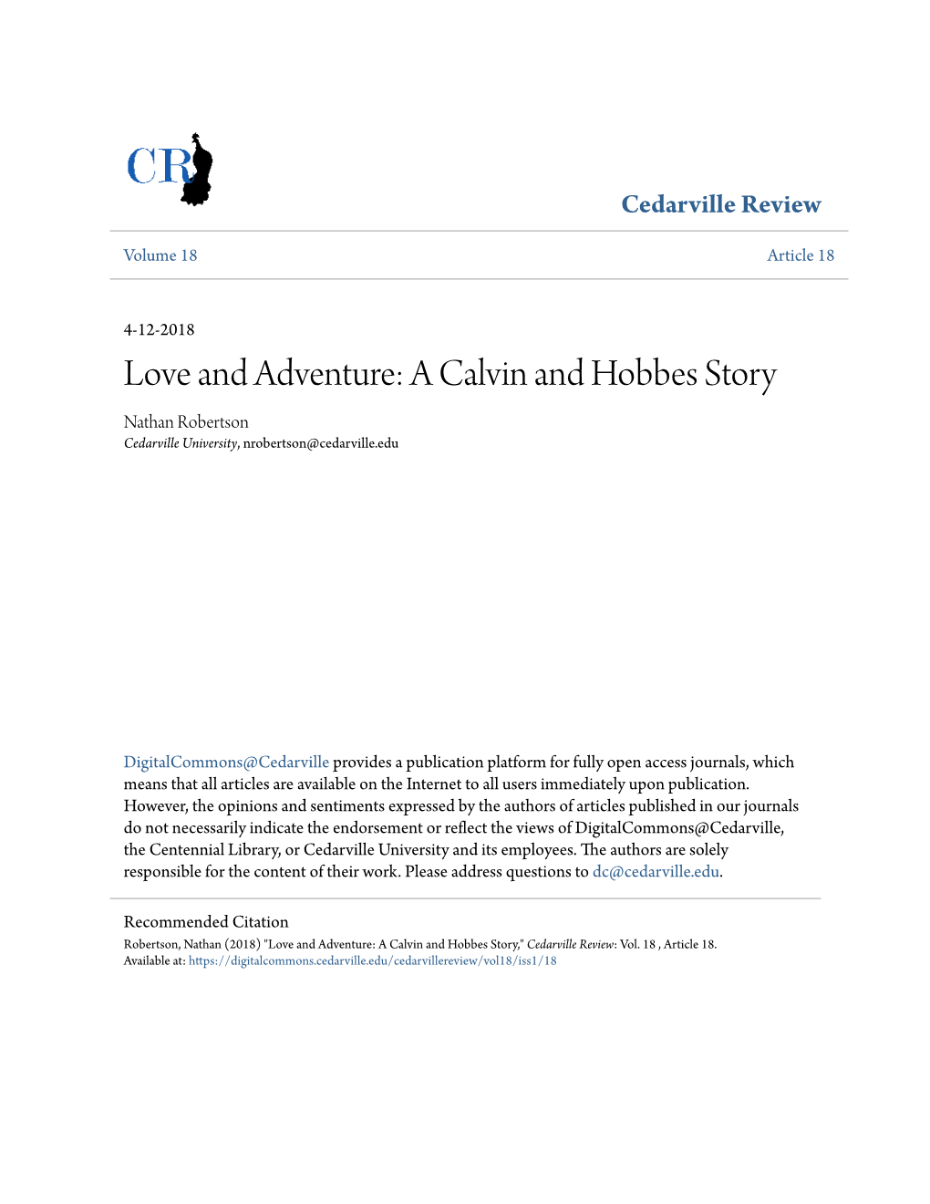 A Calvin and Hobbes Story Nathan Robertson Cedarville University, Nrobertson@Cedarville.Edu