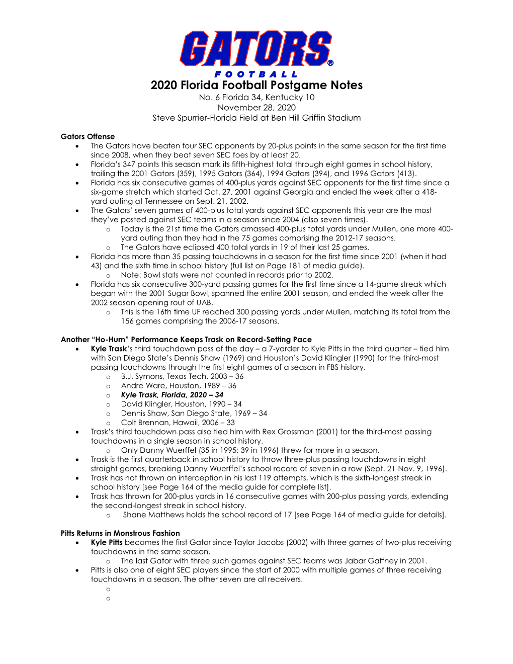 2020 Florida Football Postgame Notes No