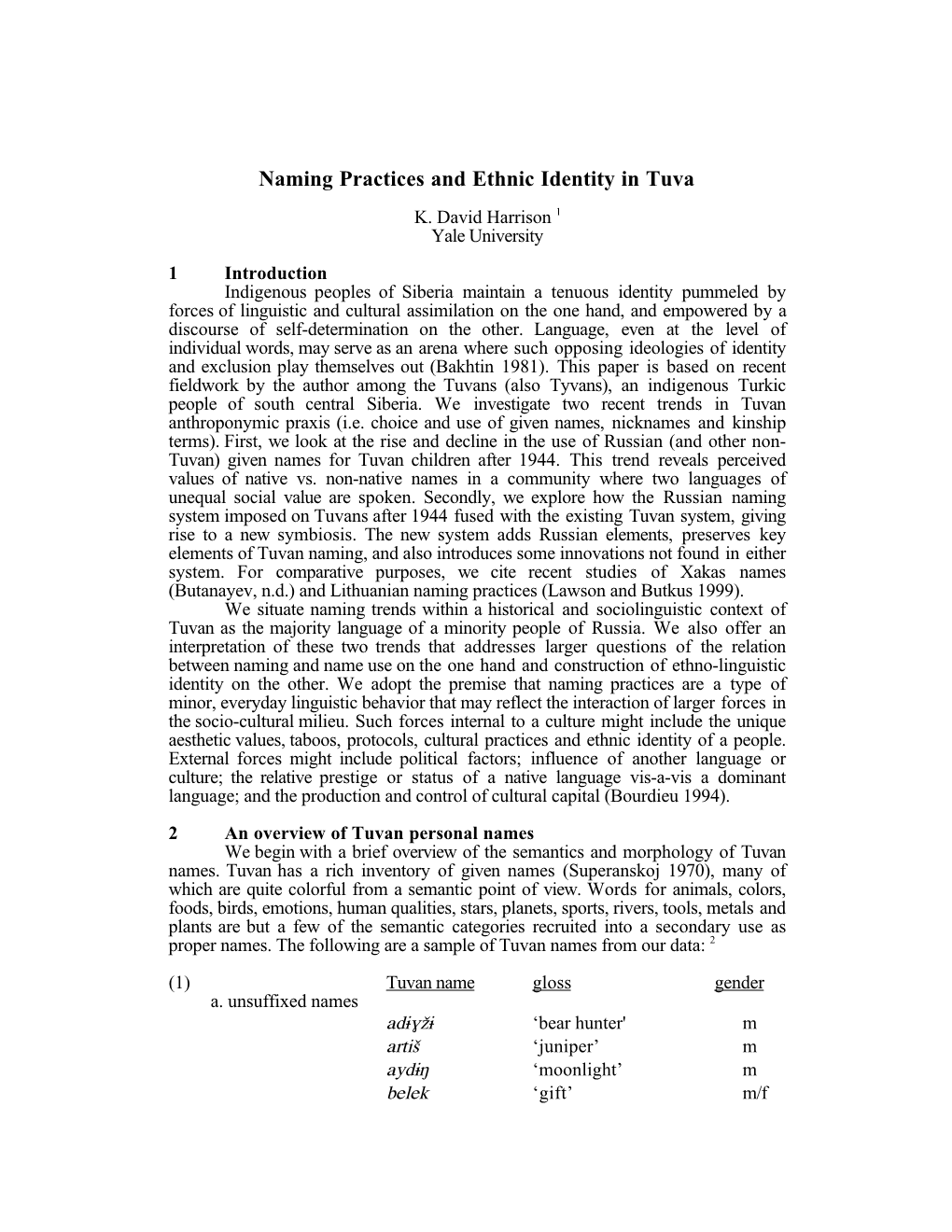 Naming Practices and Ethnic Identity in Tuva K