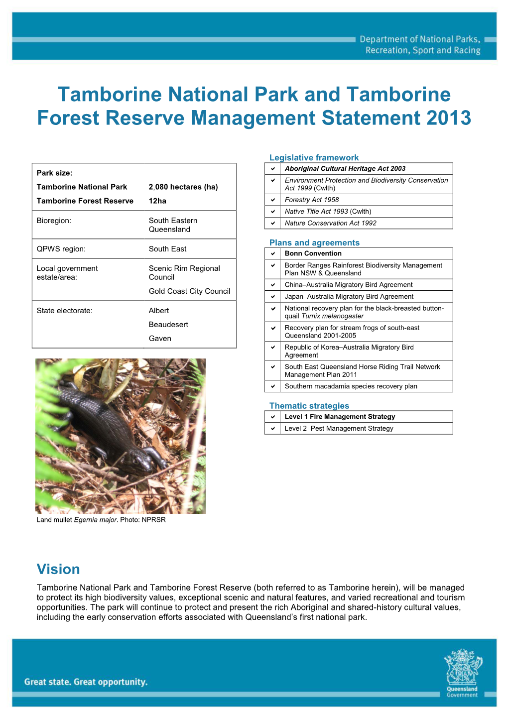 Tamborine National Park and Tamborine Forest Reserve Management Statement 2013