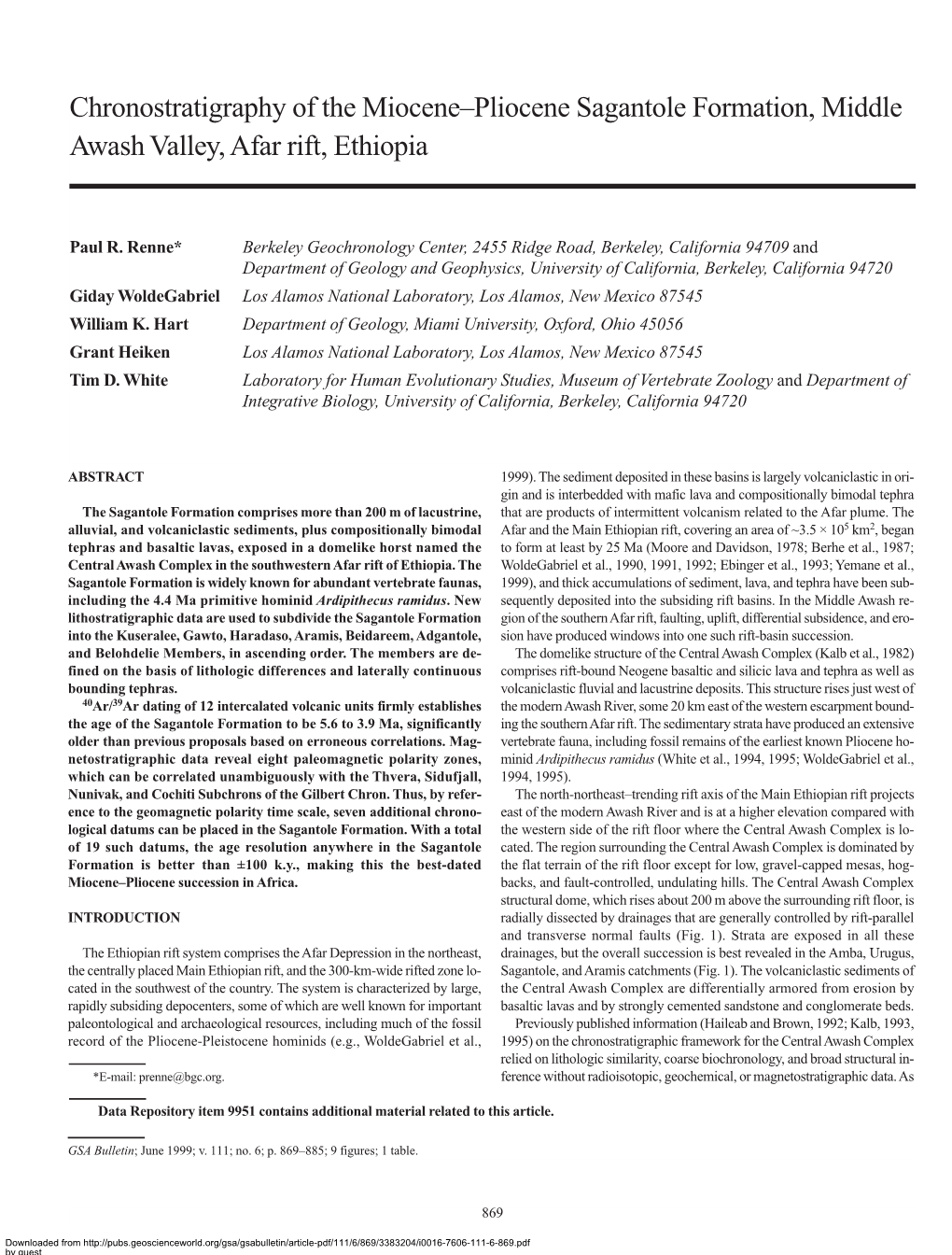 Chronostratigraphy of the Miocene–Pliocene Sagantole Formation, Middle Awash Valley, Afar Rift, Ethiopia