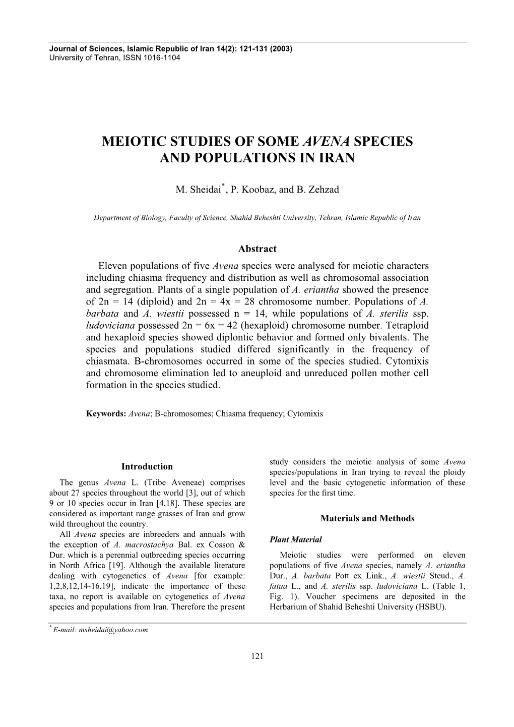 Meiotic Studies of Some Avena Species and Populations in Iran