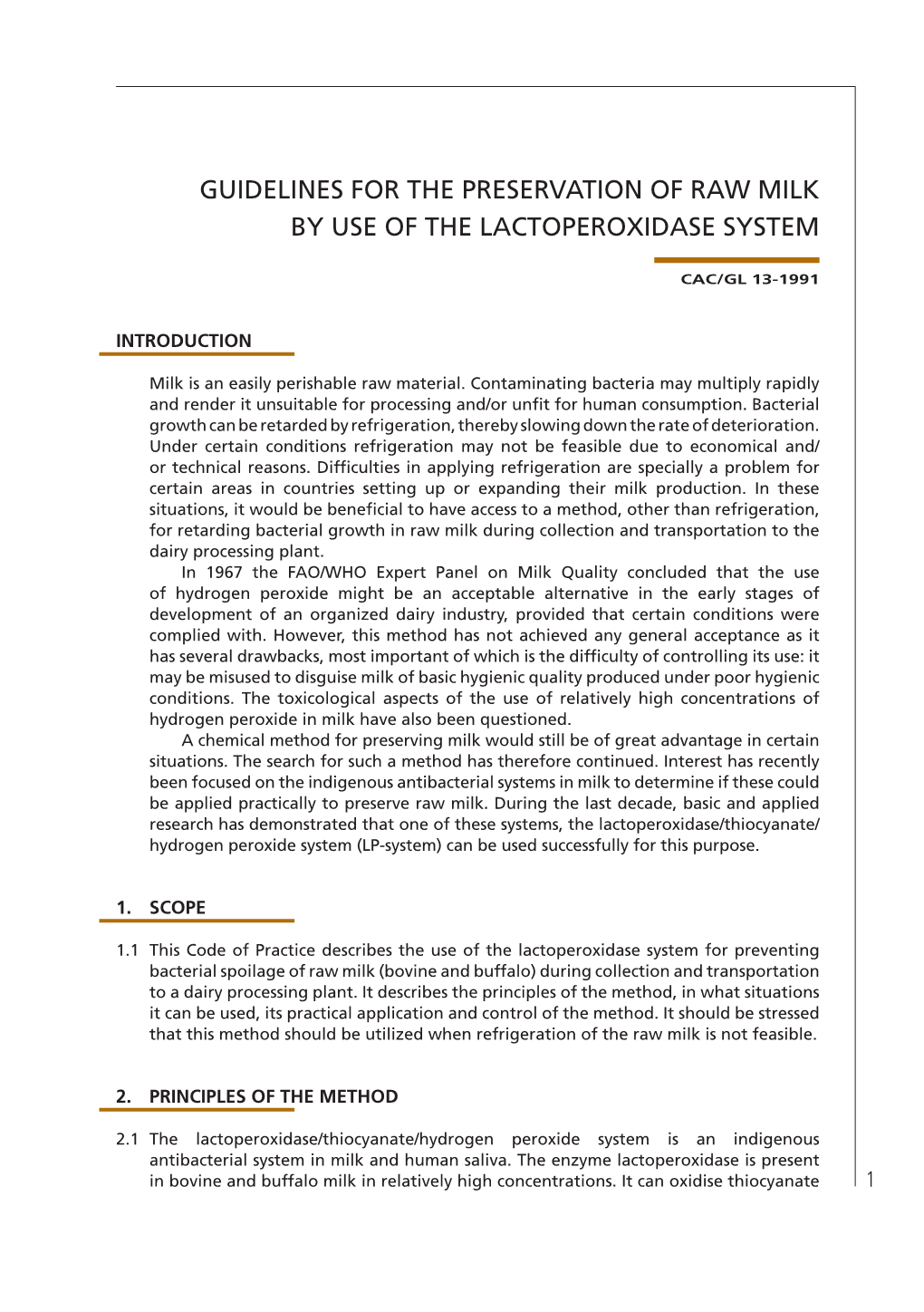 Guidelines for the Preservation of Raw Milk by Use of the Lactoperoxidase System