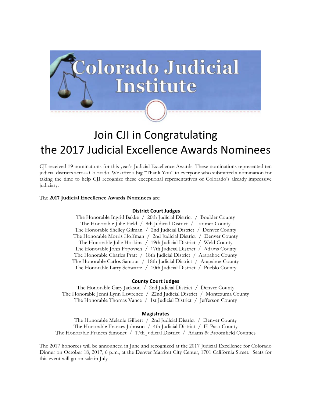 Join CJI in Congratulating the 2017 Judicial Excellence Awards Nominees