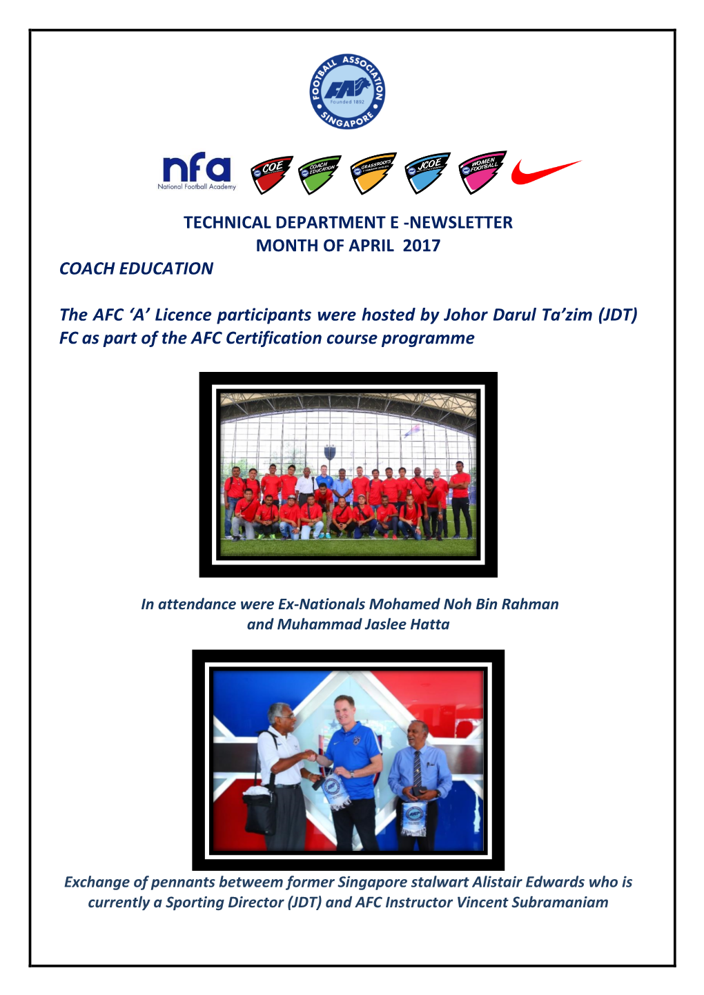 NEWSLETTER MONTH of APRIL 2017 COACH EDUCATION The