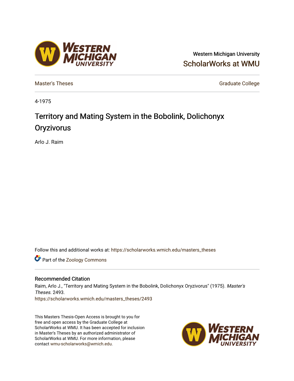 Territory and Mating System in the Bobolink, Dolichonyx Oryzivorus