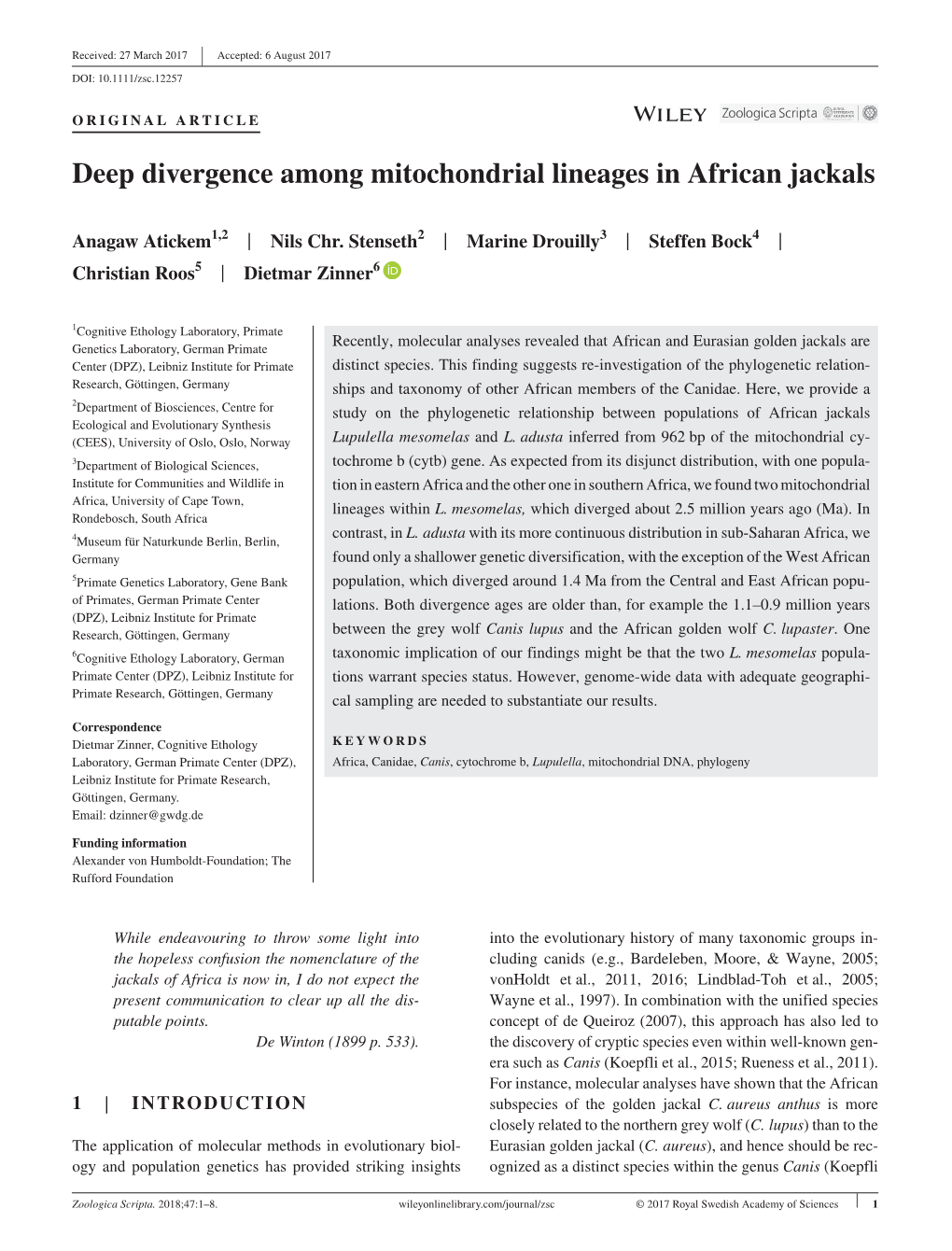 Deep Divergence Among Mitochondrial Lineages in African Jackals