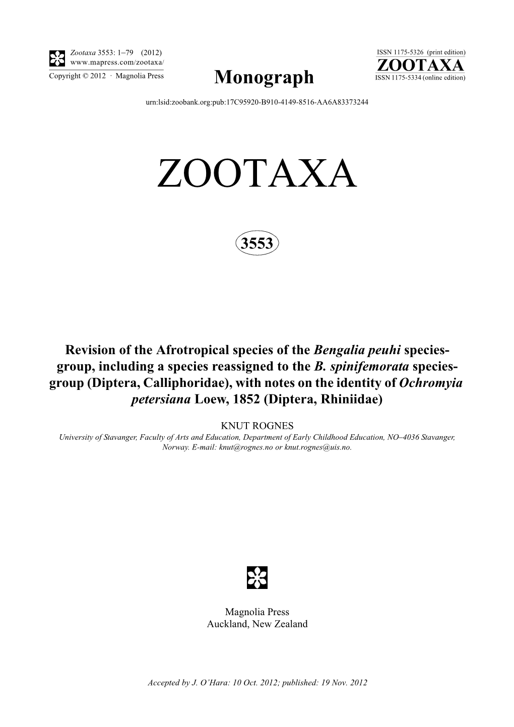 Revision of the Afrotropical Species of the Bengalia Peuhi Speciesgroup