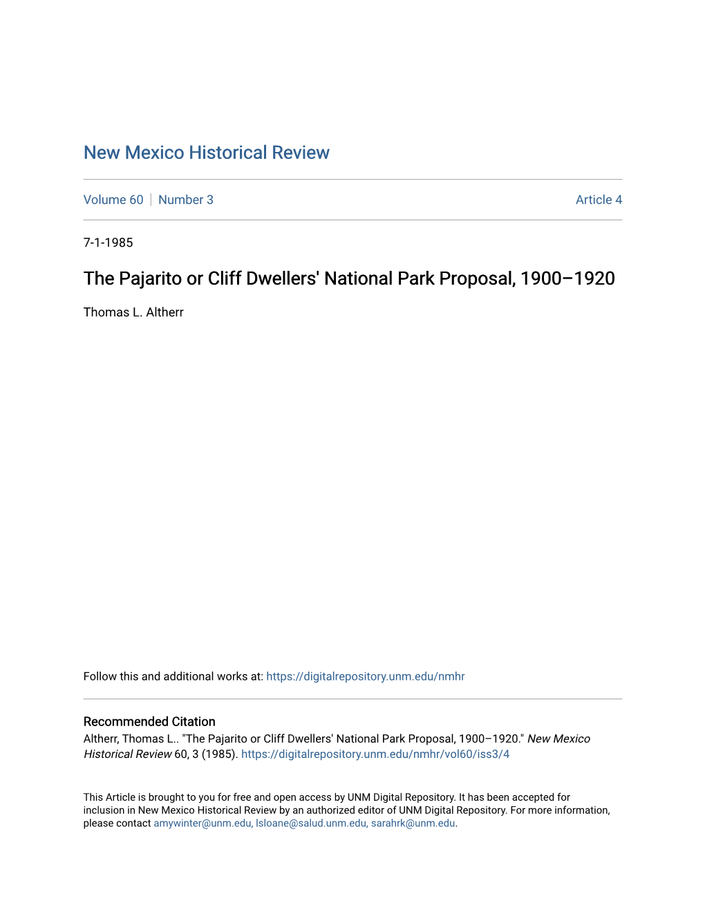 The Pajarito Or Cliff Dwellers' National Park Proposal, 1900-1920