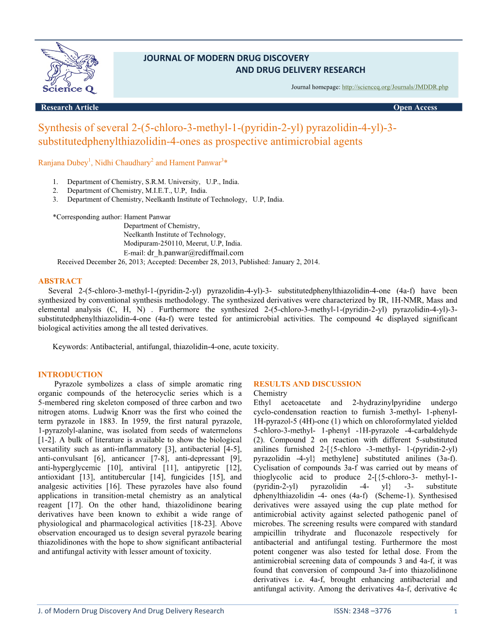 (5-Chloro-3-Methyl-1-(Pyridin-2-Yl) Pyrazolidin-4-Yl)-3- Substitutedphenylthiazolidin-4-Ones As Prospective Antimicrobial Agents