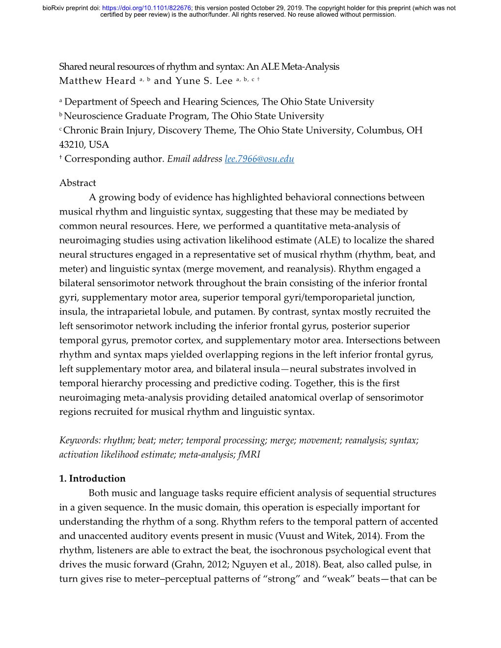 Shared Neural Resources of Rhythm and Syntax: an ALE Meta-Analysis Matthew Heard A, B and Yune S