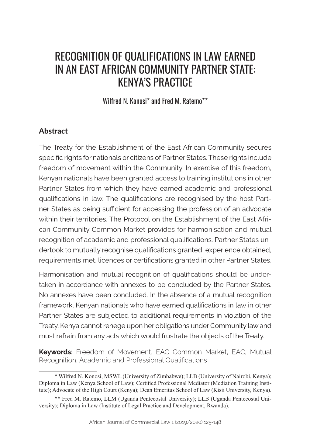 Recognition of Qualifications in Law Earned in an East African Community Partner State: Kenya’S Practice