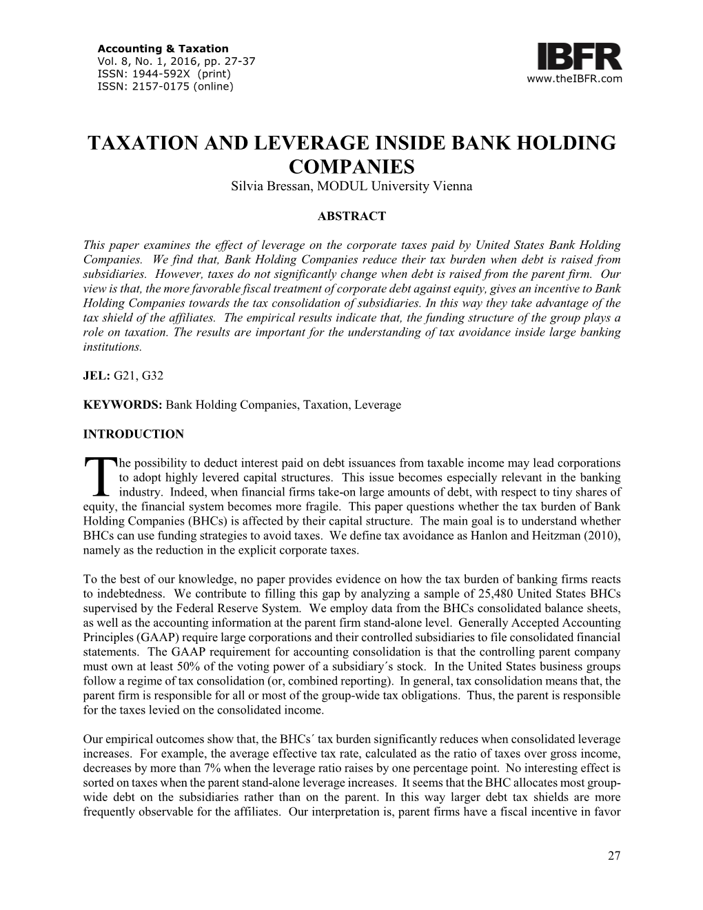 TAXATION and LEVERAGE INSIDE BANK HOLDING COMPANIES Silvia Bressan, MODUL University Vienna