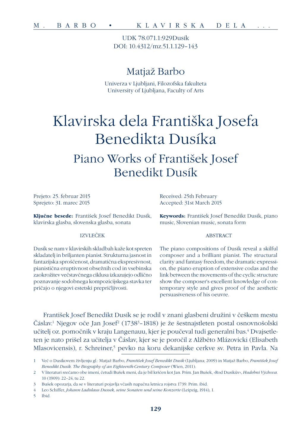 Klavirska Dela Františka Josefa Benedikta Dusíka Piano Works of František Josef Benedikt Dusík