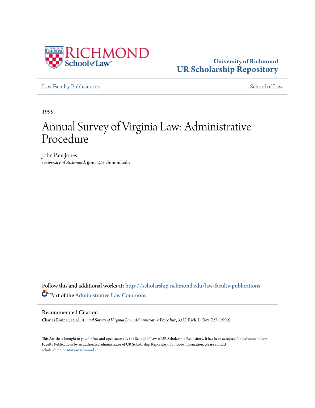 Annual Survey of Virginia Law: Administrative Procedure John Paul Jones University of Richmond, Jjones@Richmond.Edu