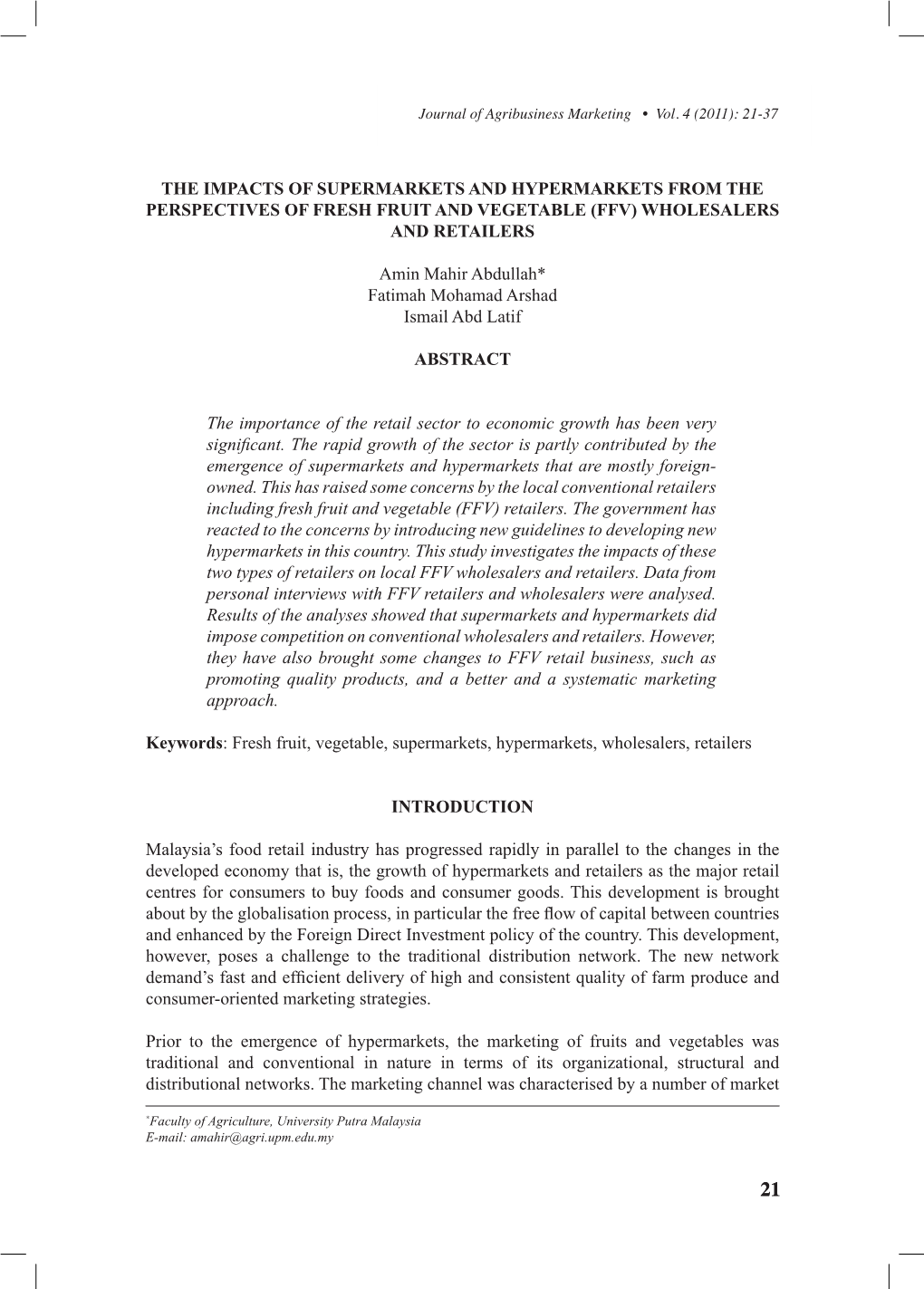 The Impacts of Supermarkets and Hypermarkets from the Perspectives of Fresh Fruit and Vegetable (Ffv) Wholesalers and Retailers