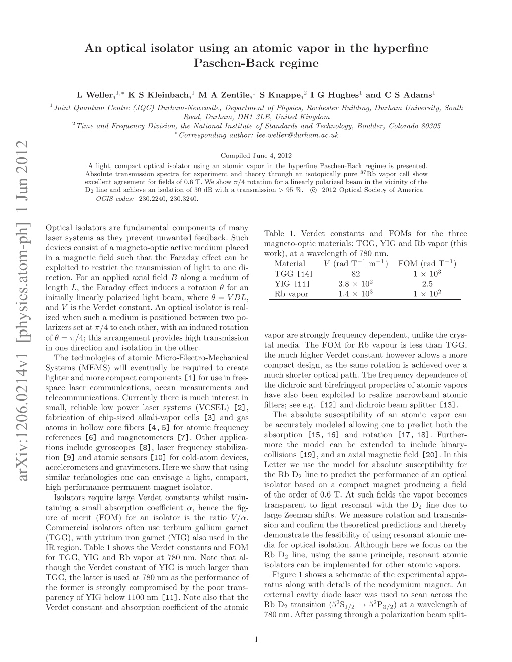 Arxiv:1206.0214V1 [Physics.Atom-Ph] 1 Jun 2012