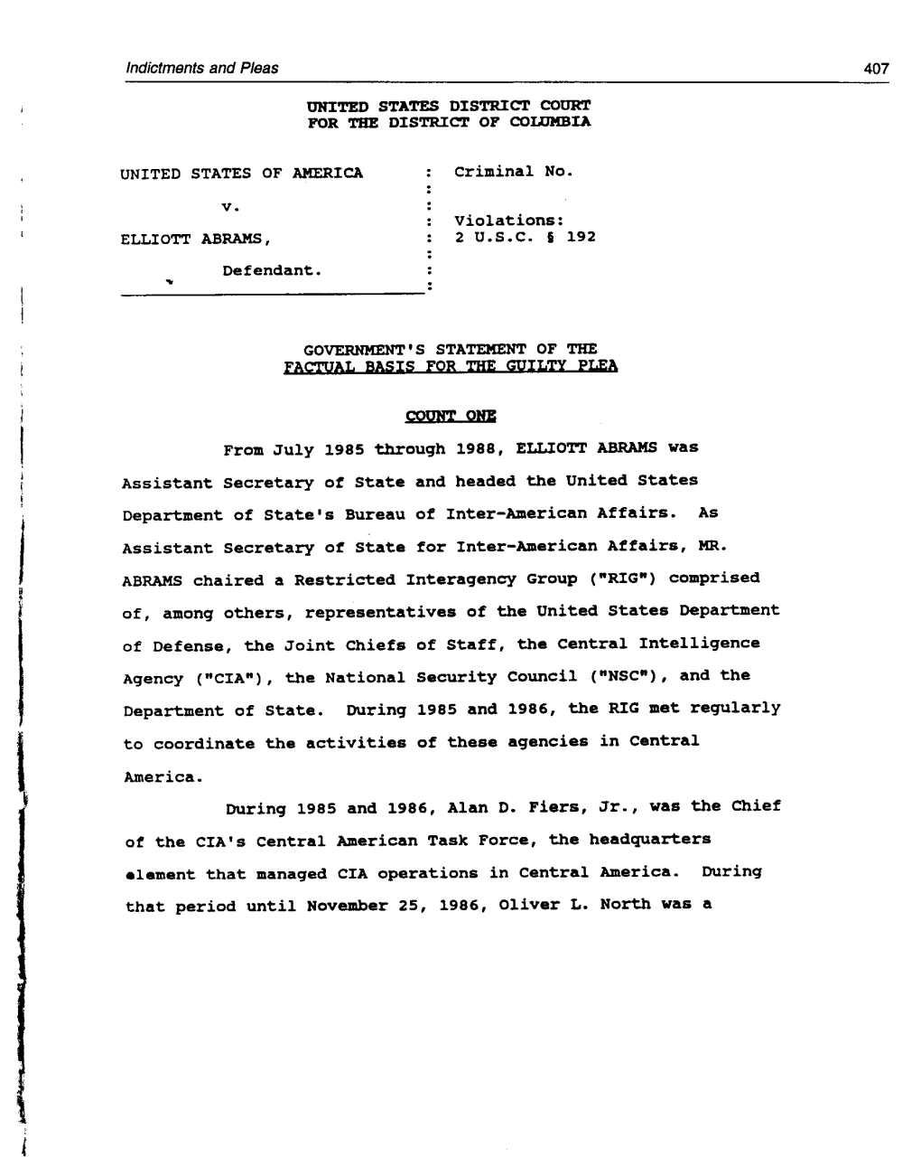 UNITED STATES DISTRICT COURT for the DISTRICT of COLUMBIA UNITED STATES of AMERICA Violations: ELLIOTT ABRAMS, 2 U.S.C. § 192 D