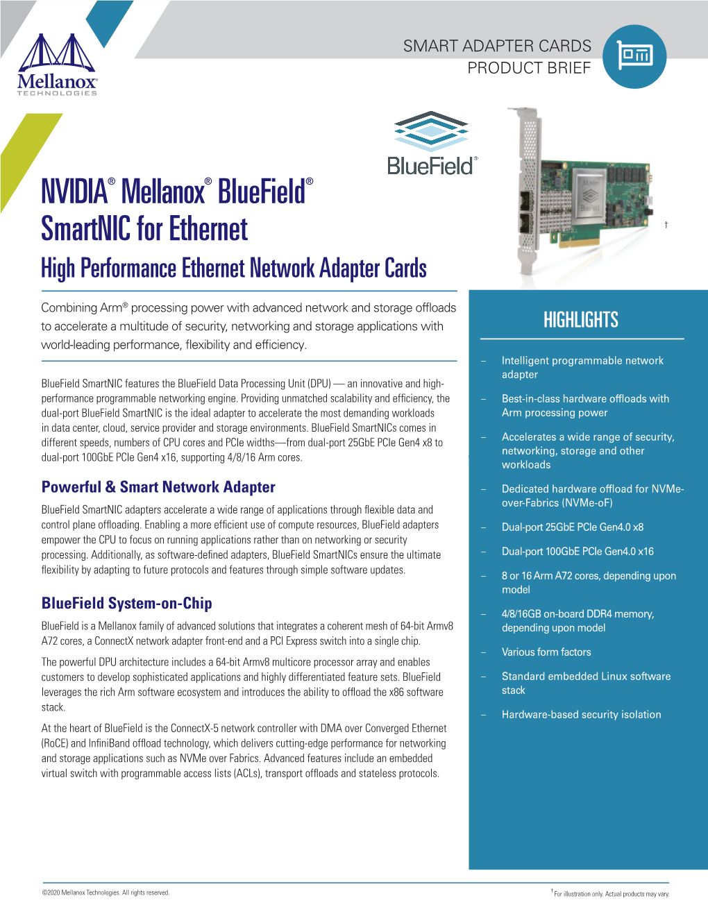 NVIDIA® Mellanox® Bluefield® Smartnic for Ethernet † High Performance Ethernet Network Adapter Cards