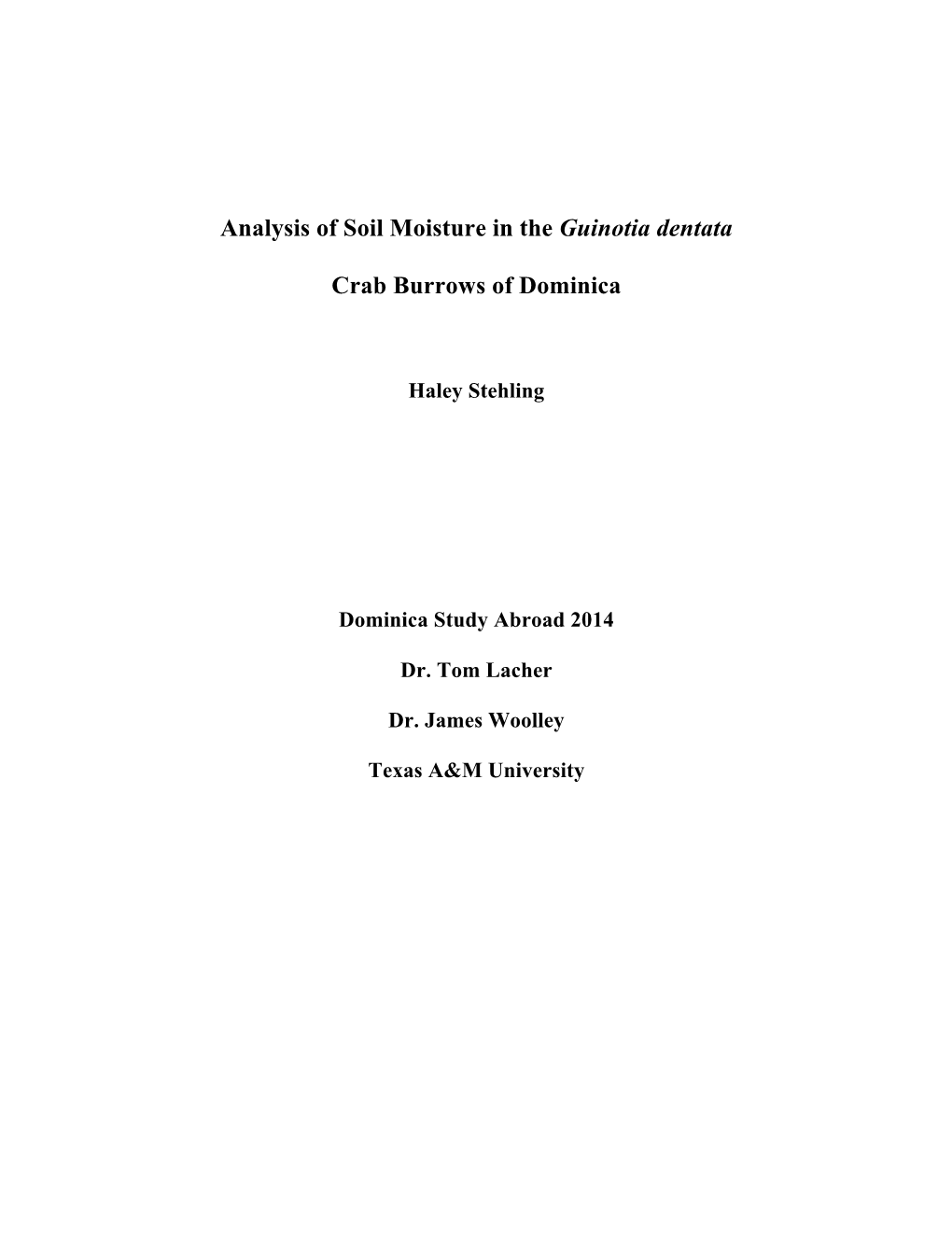 Analysis of Soil Moisture in the Guinotia Dentata Crab Burrows Of