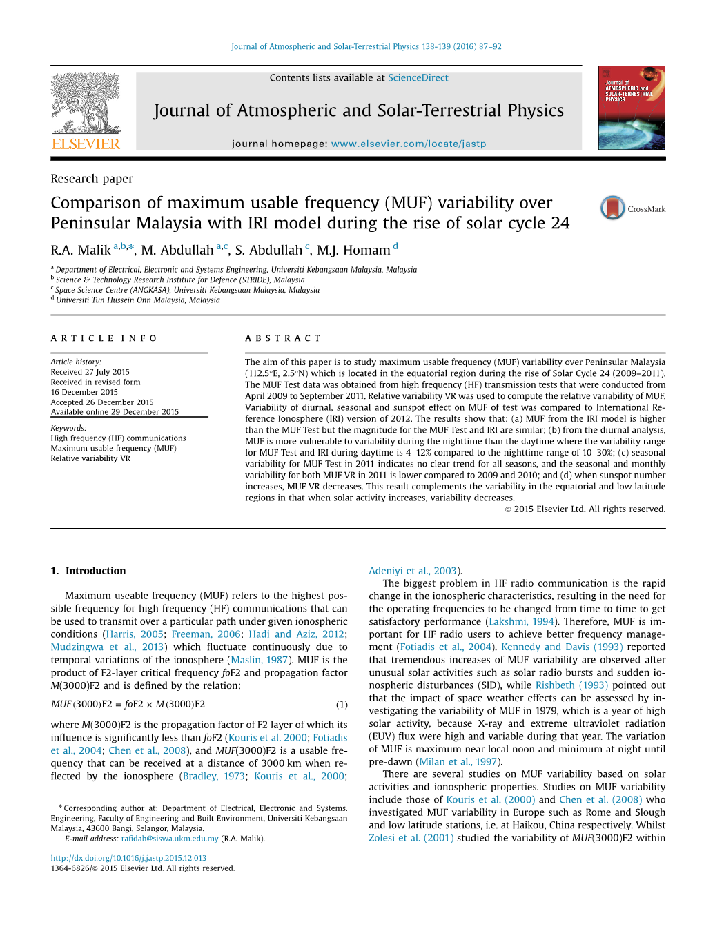 Comparison of Maximum Usable Frequency (MUF) Variability Over Peninsular Malaysia with IRI Model During the Rise of Solar Cycle 24