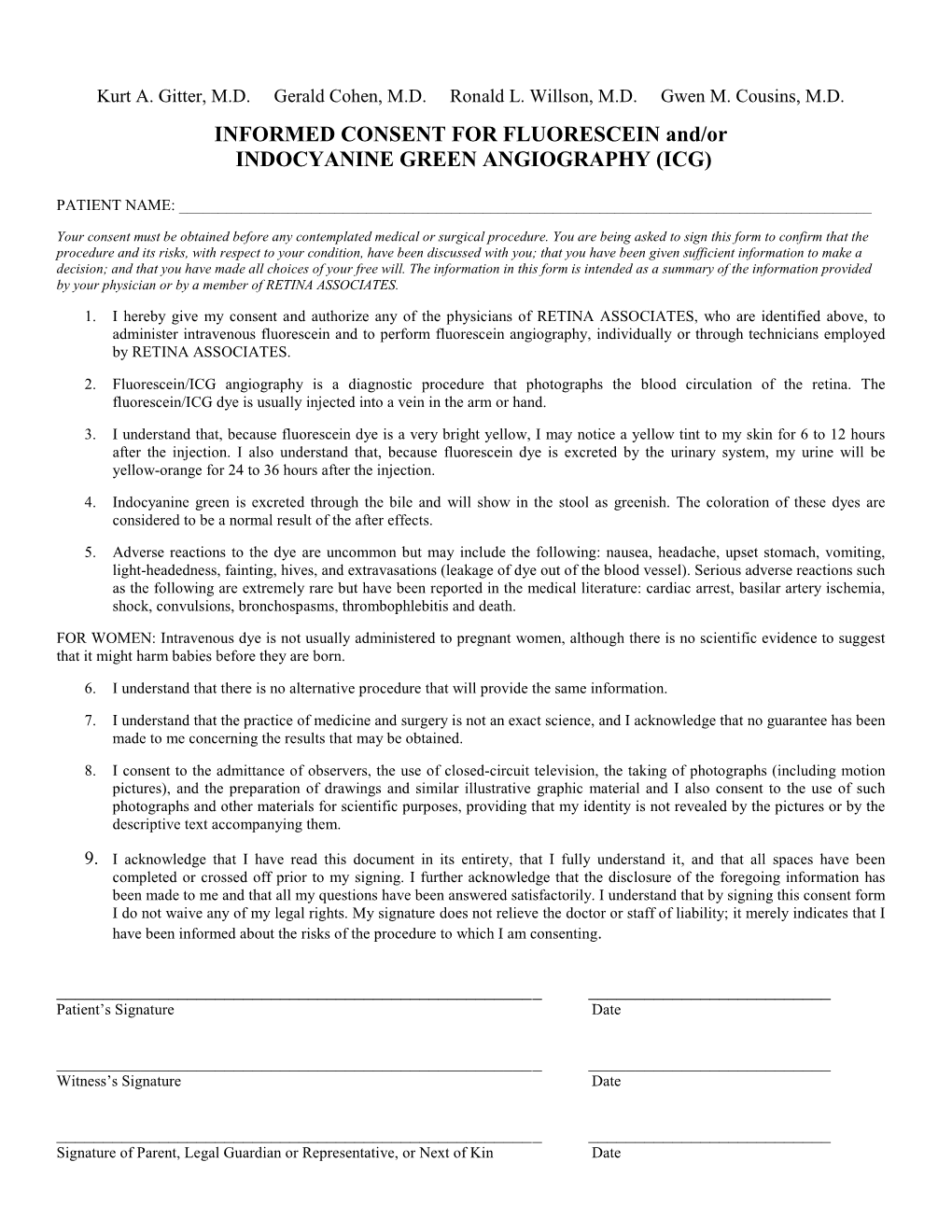 INFORMED CONSENT for FLUORESCEIN And/Or INDOCYANINE GREEN ANGIOGRAPHY (ICG)