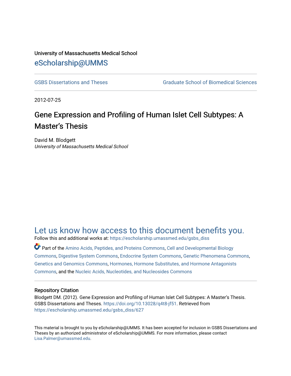 Gene Expression and Profiling of Human Islet Cell Subtypes: a Master’S Thesis