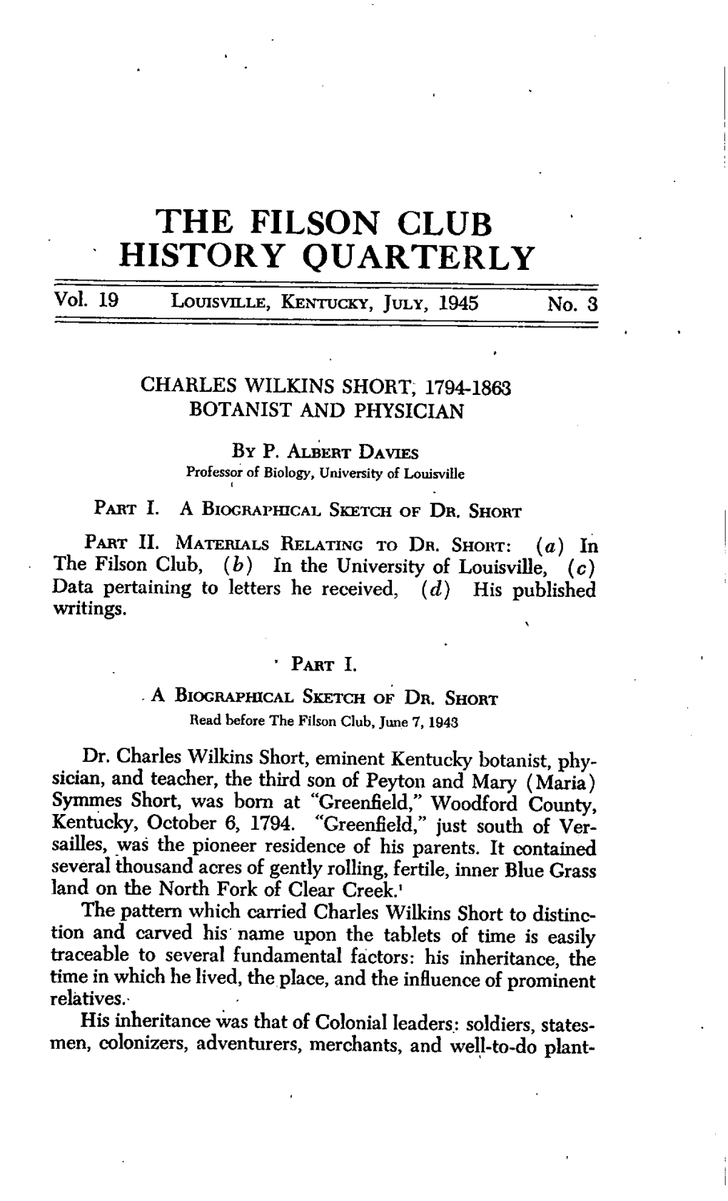 Charles Wilkins Short 1794 1863 Botanist and Physician