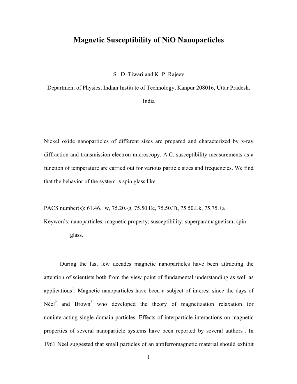 Magnetic Susceptibility of Nio Nanoparticles