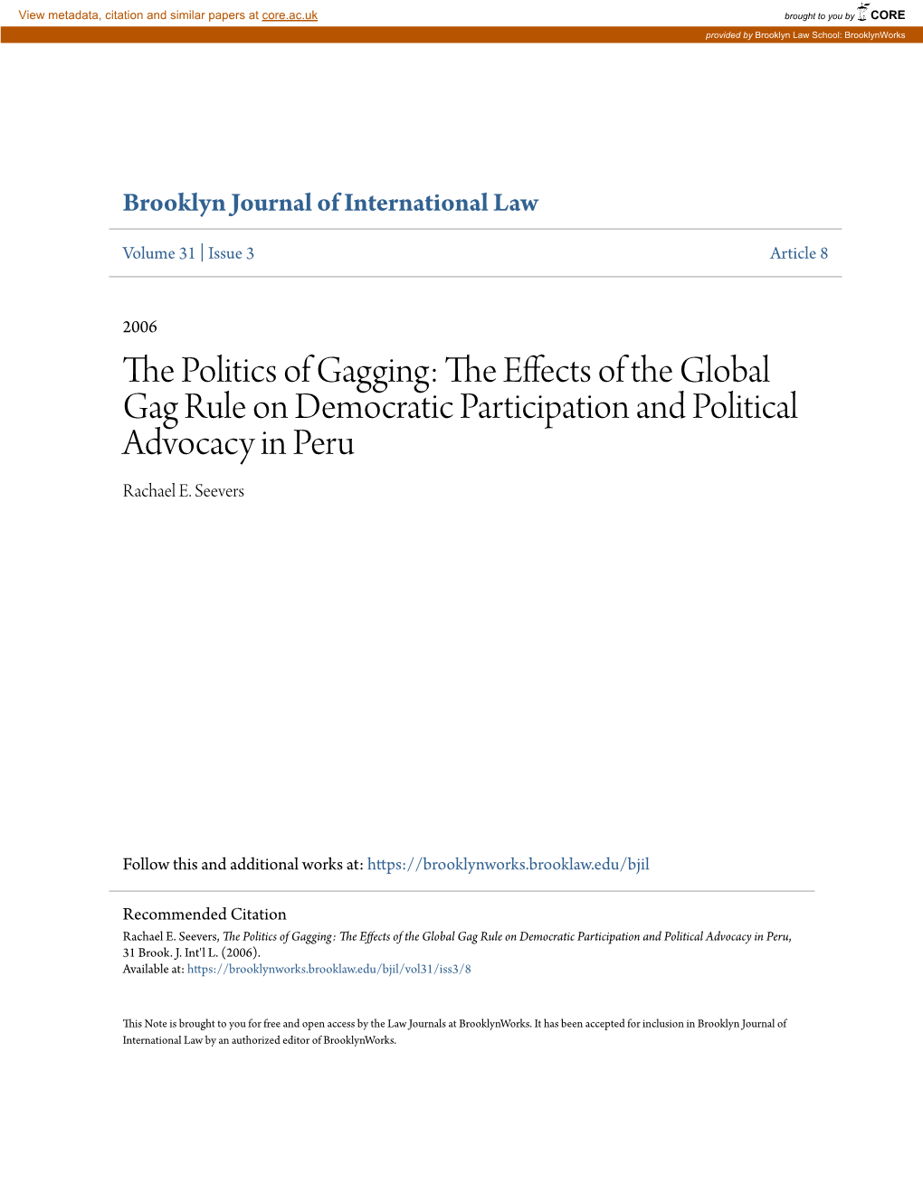 The Effects of the Global Gag Rule on Democratic Participation and Political Advocacy in Peru, 31 Brook