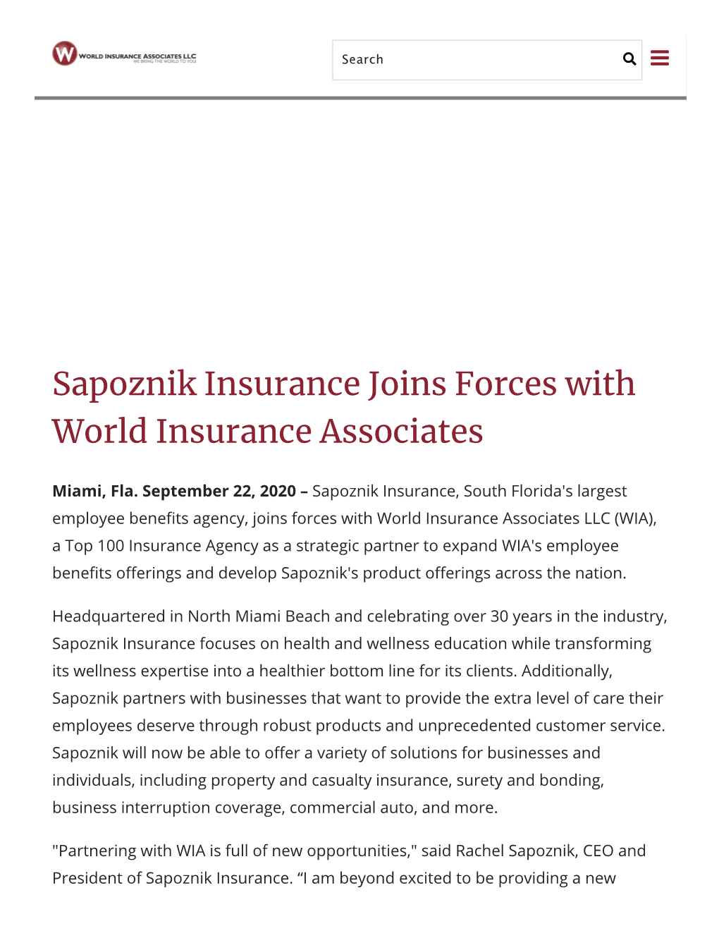 Sapoznik Insurance Joins Forces with World Insurance Associates