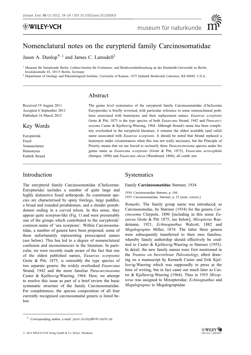 Nomenclatural Notes on the Eurypterid Family Carcinosomatidae