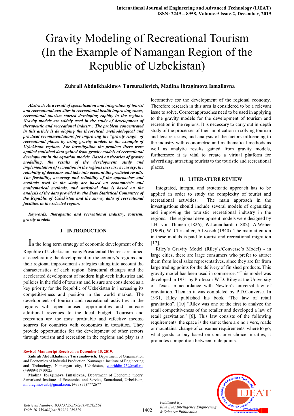 Gravity Modeling of Recreational Tourism (In the Example of Namangan Region of the Republic of Uzbekistan)