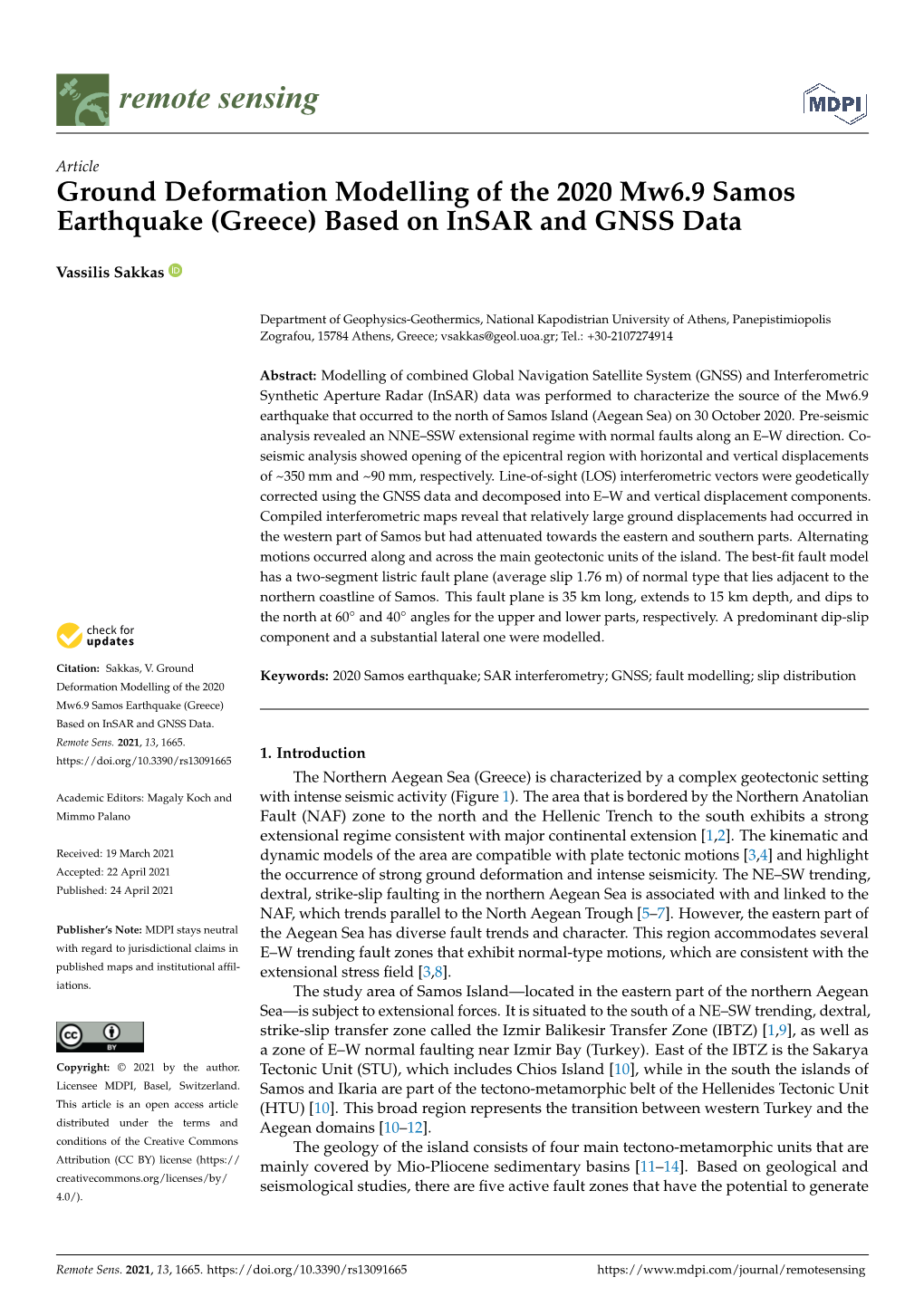 Ground Deformation Modelling of the 2020 Mw6.9 Samos Earthquake (Greece) Based on Insar and GNSS Data