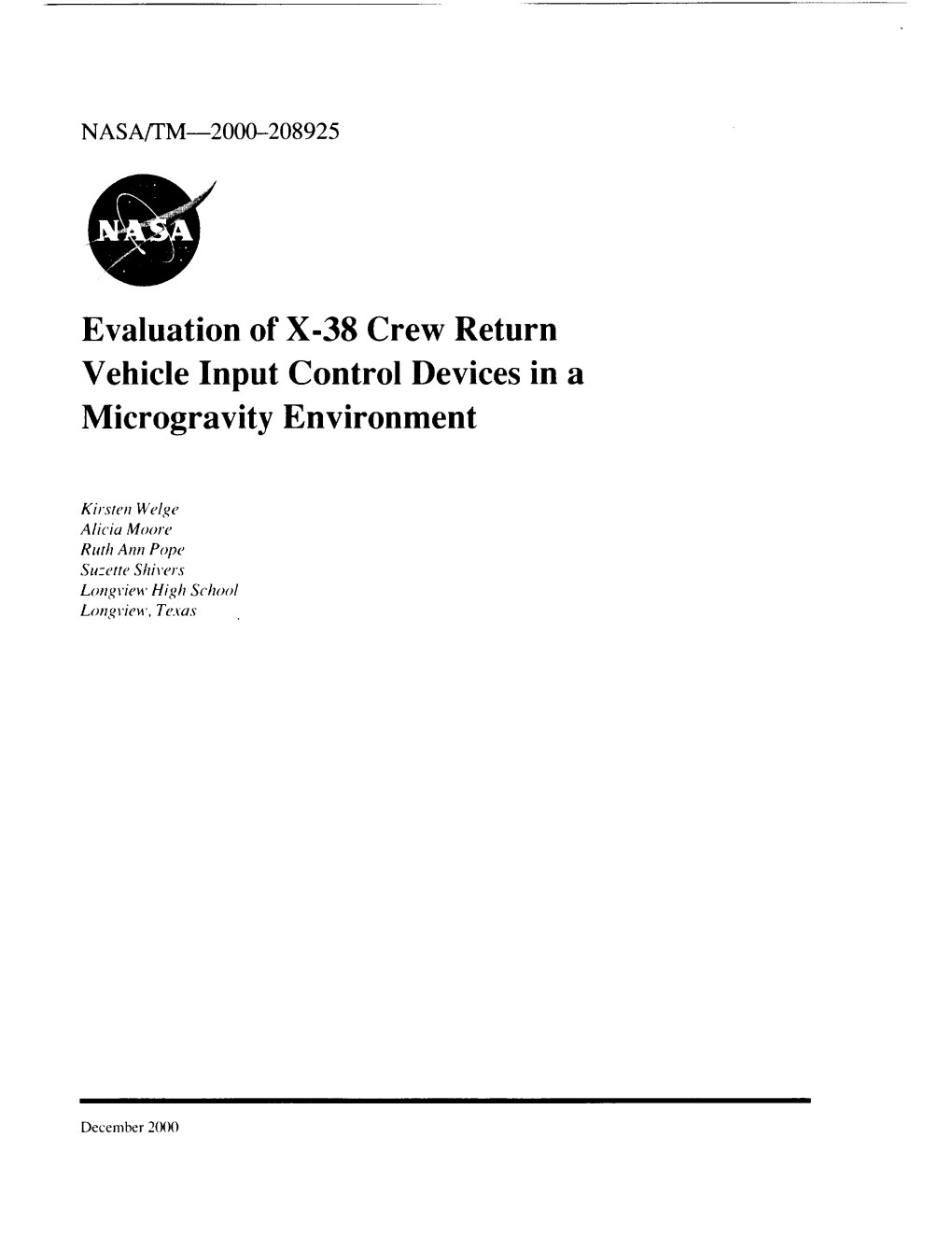 Evaluation of X-38 Crew Return Vehicle Input Control Devices in a Microgravity Environment