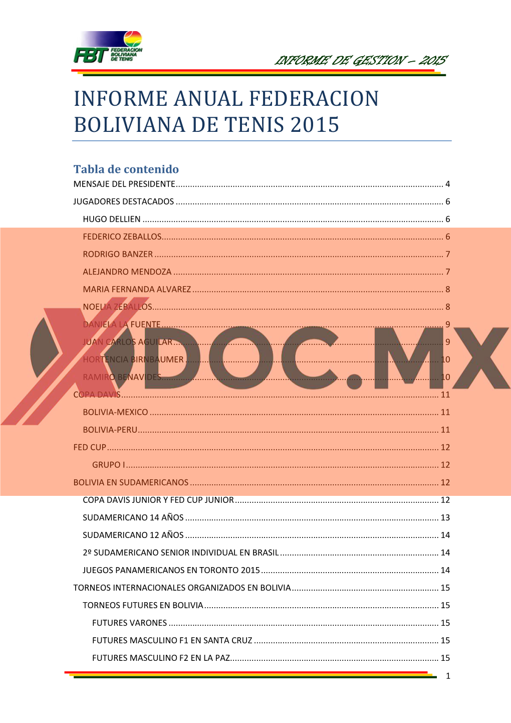 Informe Anual Federacion Boliviana De Tenis 2015