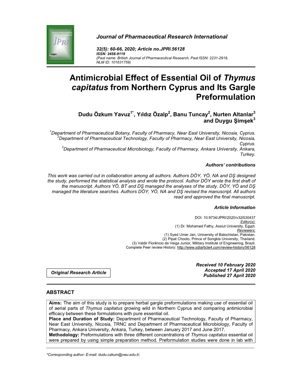 Antimicrobial Effect of Essential Oil of Thymus Capitatus from Northern Cyprus and Its Gargle Preformulation