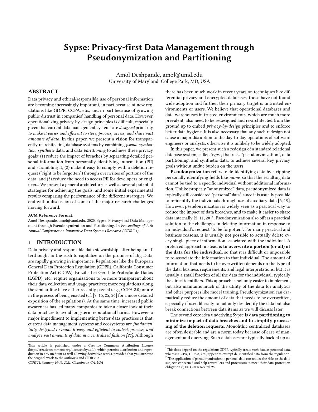 Sypse: Privacy-First Data Management Through Pseudonymization and Partitioning