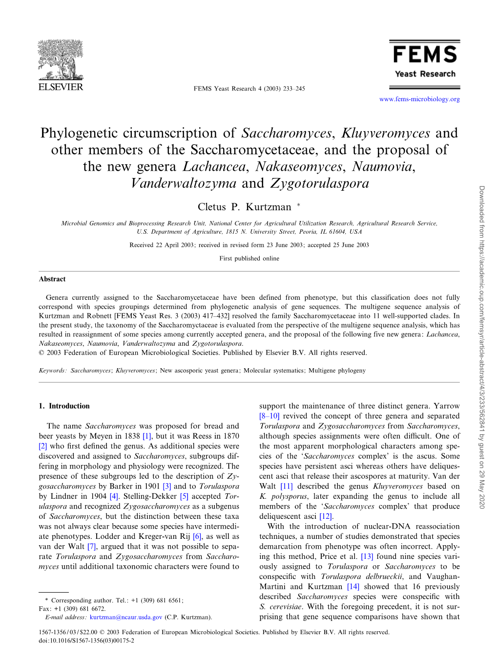 Phylogenetic Circumscription of Saccharomyces, Kluyveromyces