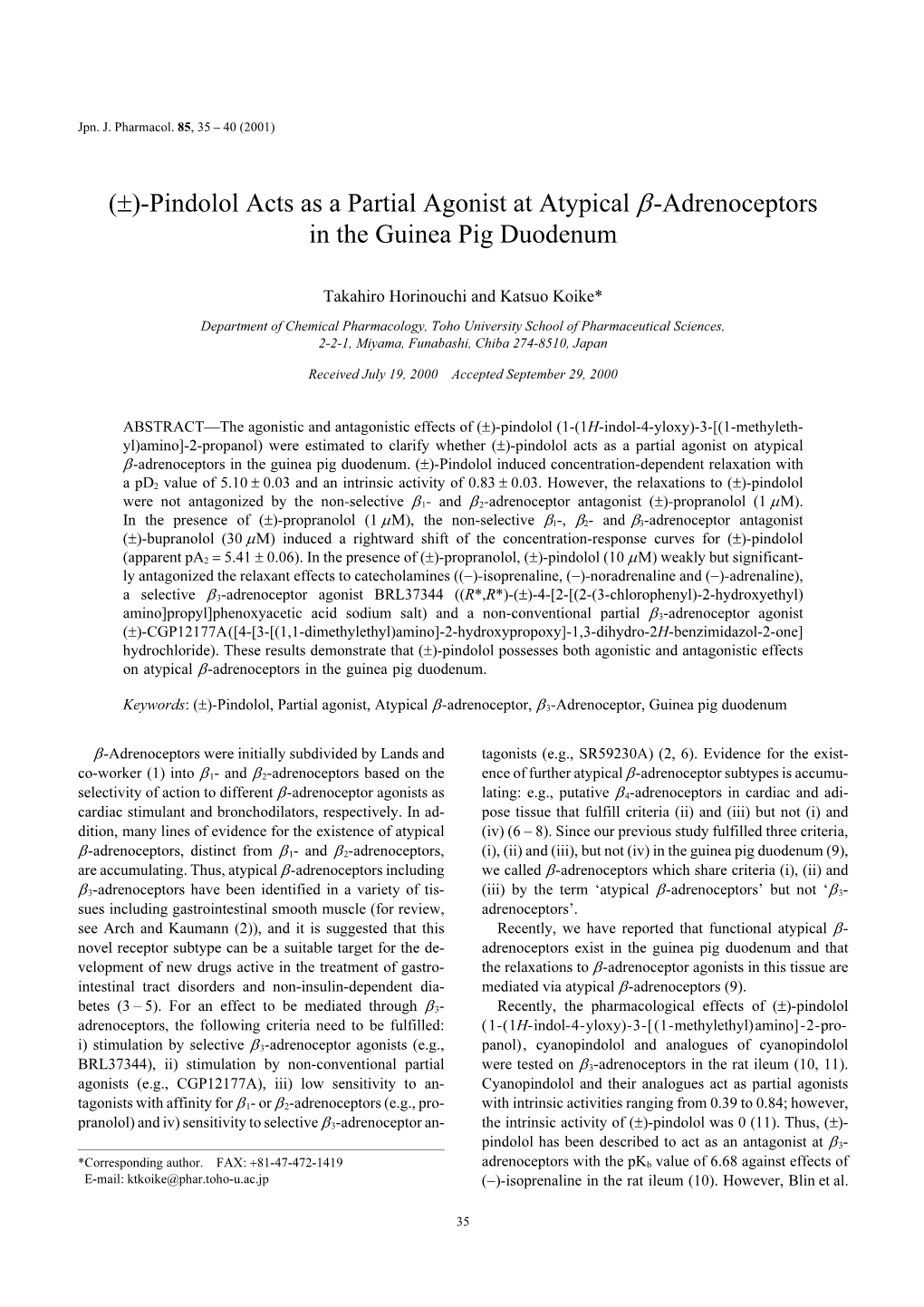 (±)-Pindolol Acts As a Partial Agonist at Atypical &gt;-Adrenoceptors in The