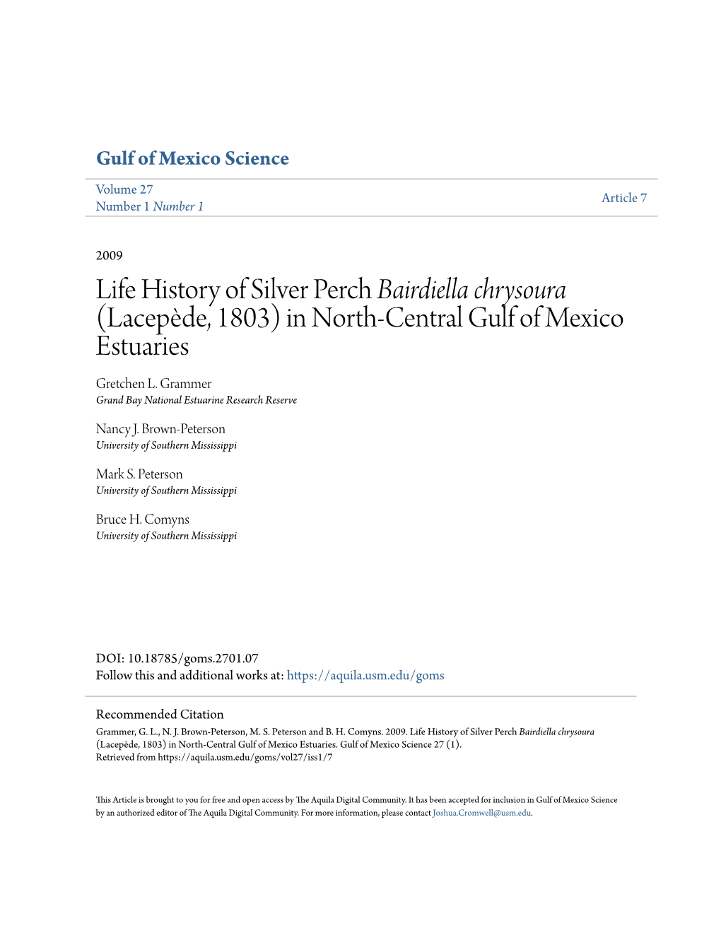 Life History of Silver Perch Bairdiella Chrysoura (Lacepède, 1803) in North-Central Gulf of Mexico Estuaries Gretchen L