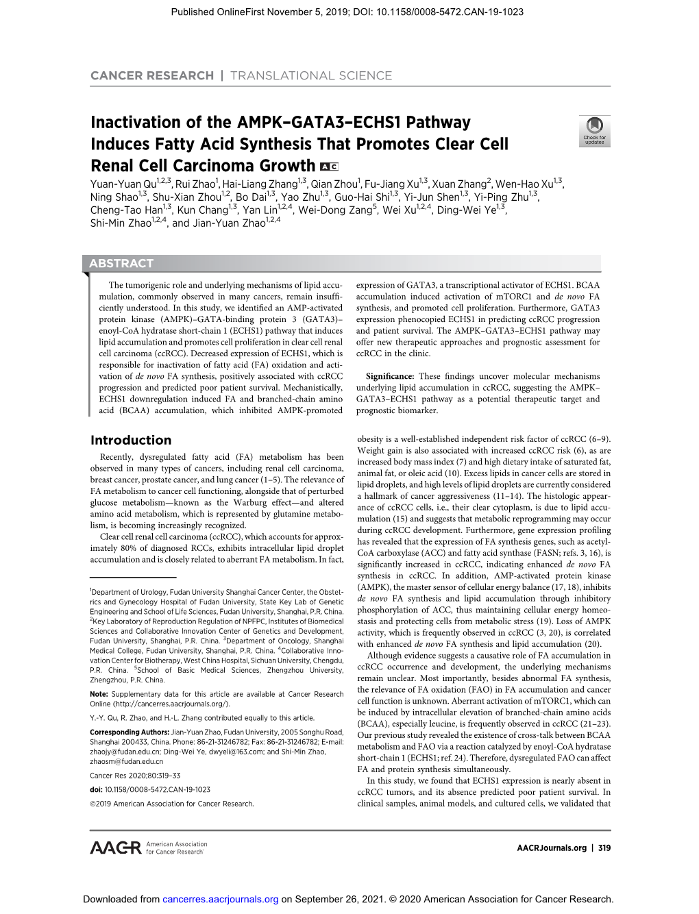 Inactivation of the AMPK–GATA3–ECHS1 Pathway Induces Fatty Acid Synthesis That Promotes Clear Cell Renal Cell Carcinoma Grow