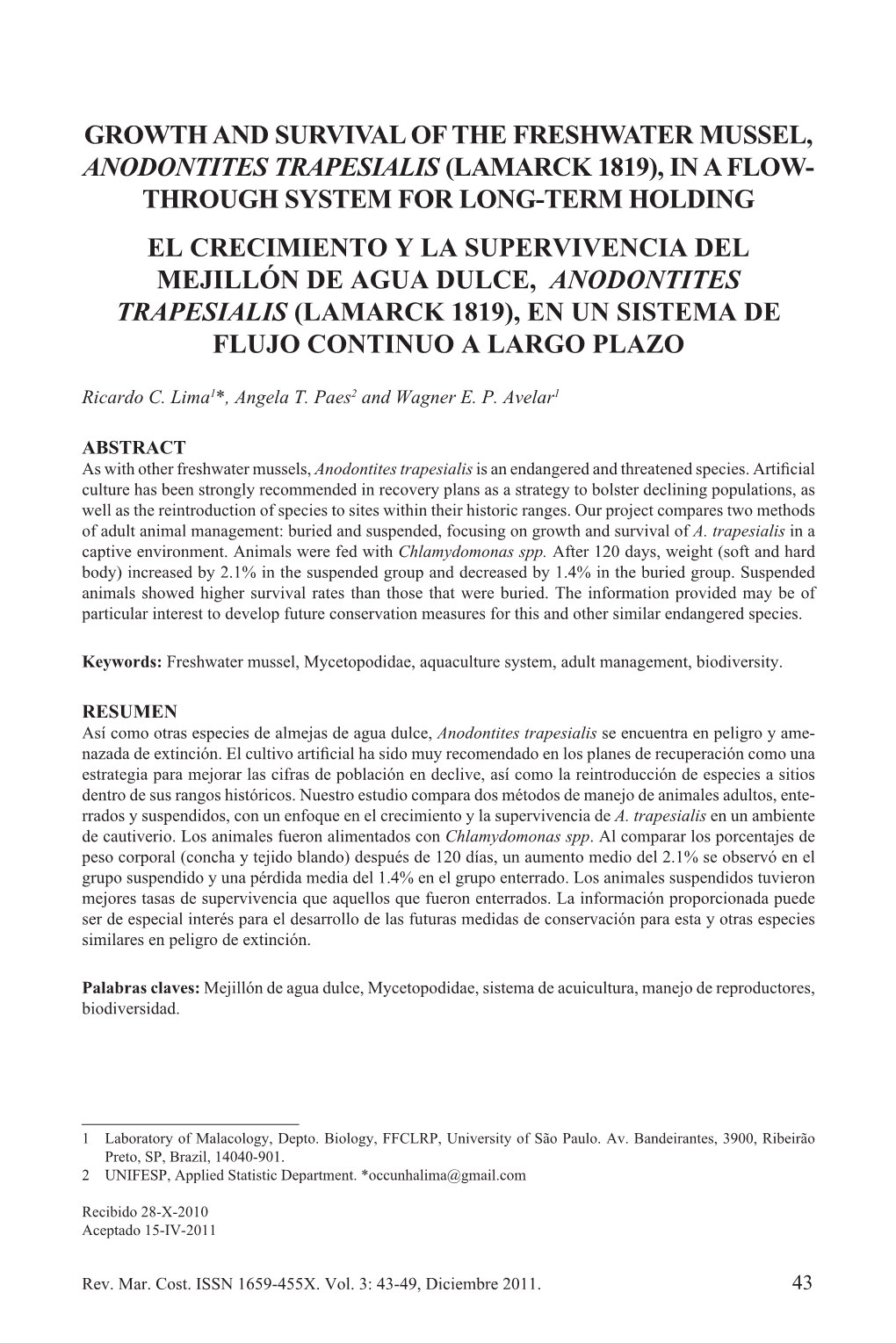 Growth and Survival of the Freshwater Mussel