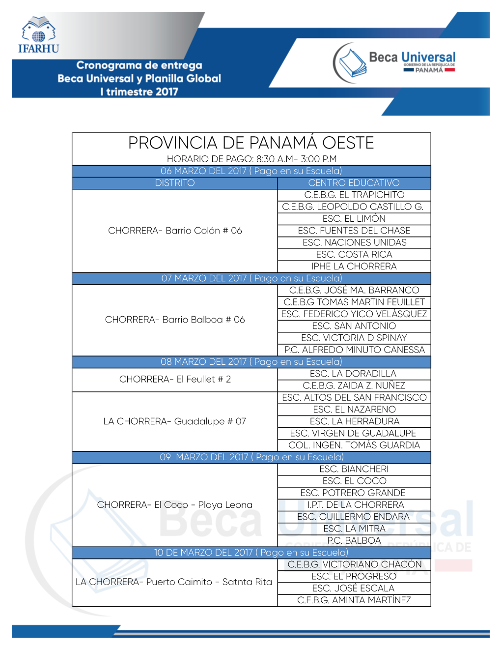 PROVINCIA DE PANAMÁ OESTE HORARIO DE PAGO: 8:30 A.M- 3:00 P.M 06 MARZO DEL 2017 ( Pago En Su Escuela) DISTRITO CENTRO EDUCATIVO C.E.B.G