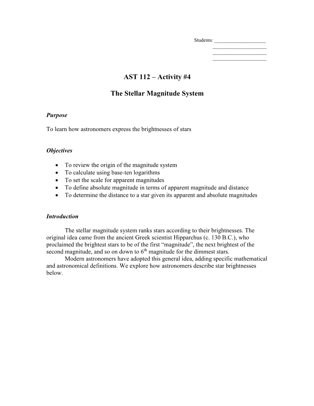 AST 112 – Activity #4 the Stellar Magnitude System