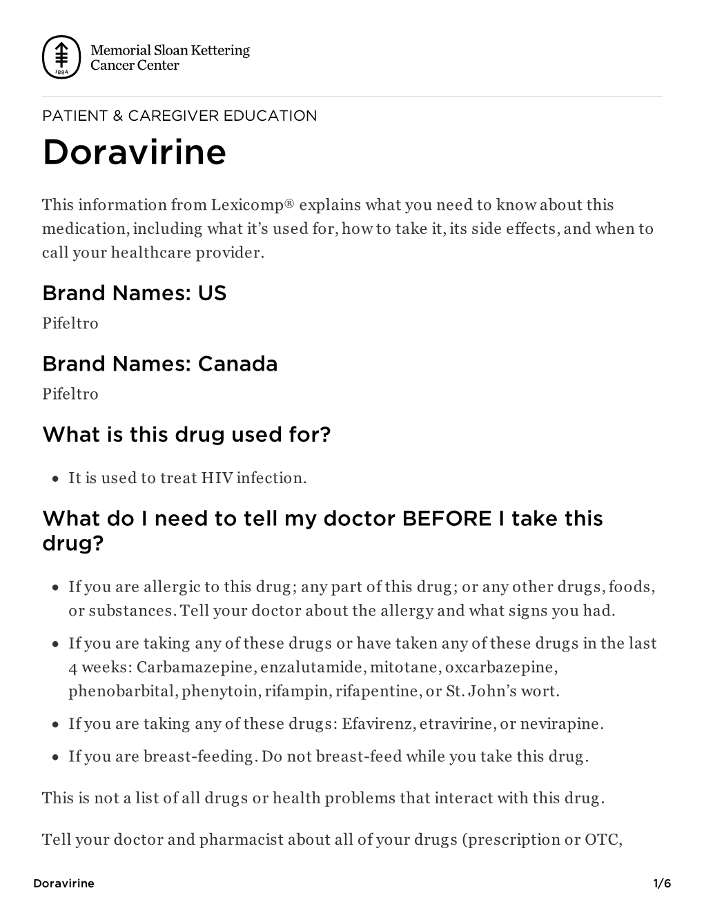 Doravirine | Memorial Sloan Kettering Cancer Center