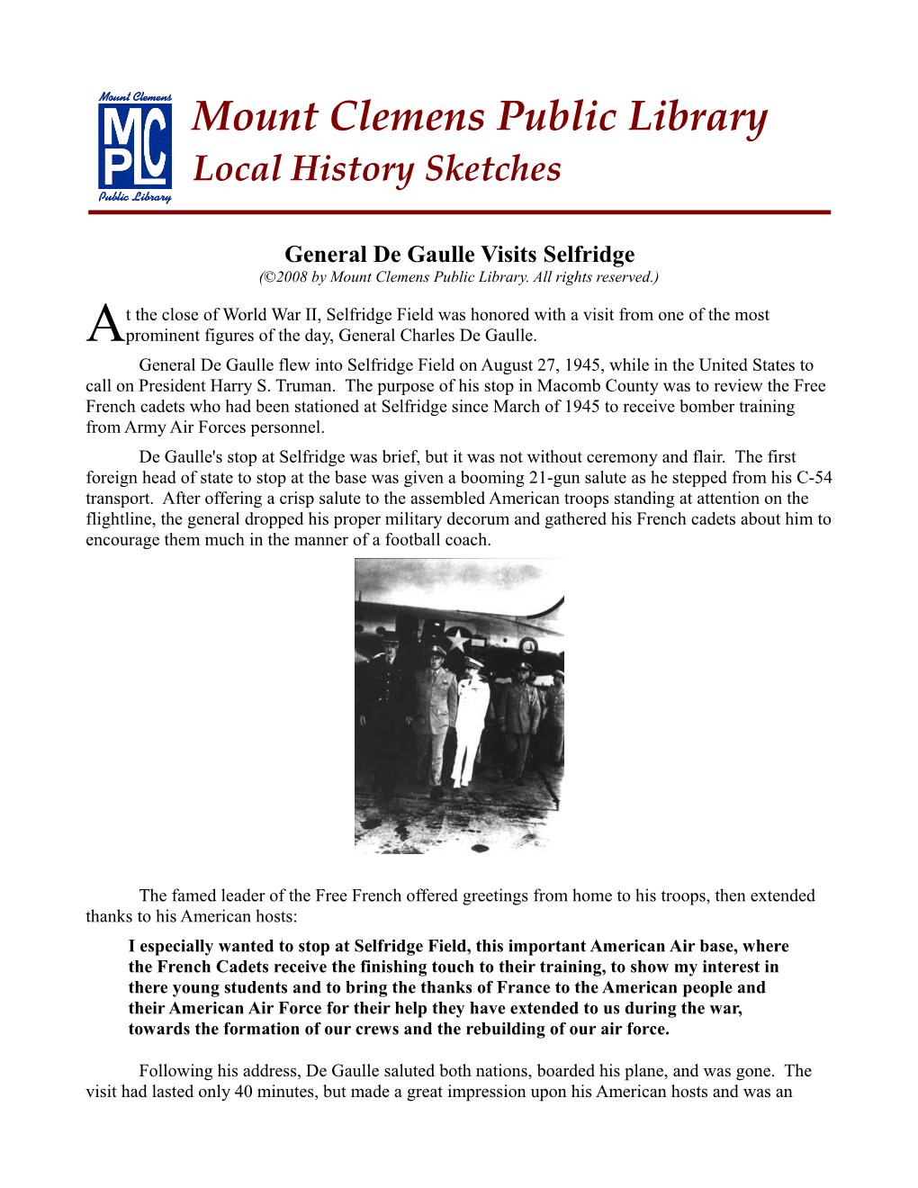 General De Gaulle Visits Selfridge (©2008 by Mount Clemens Public Library