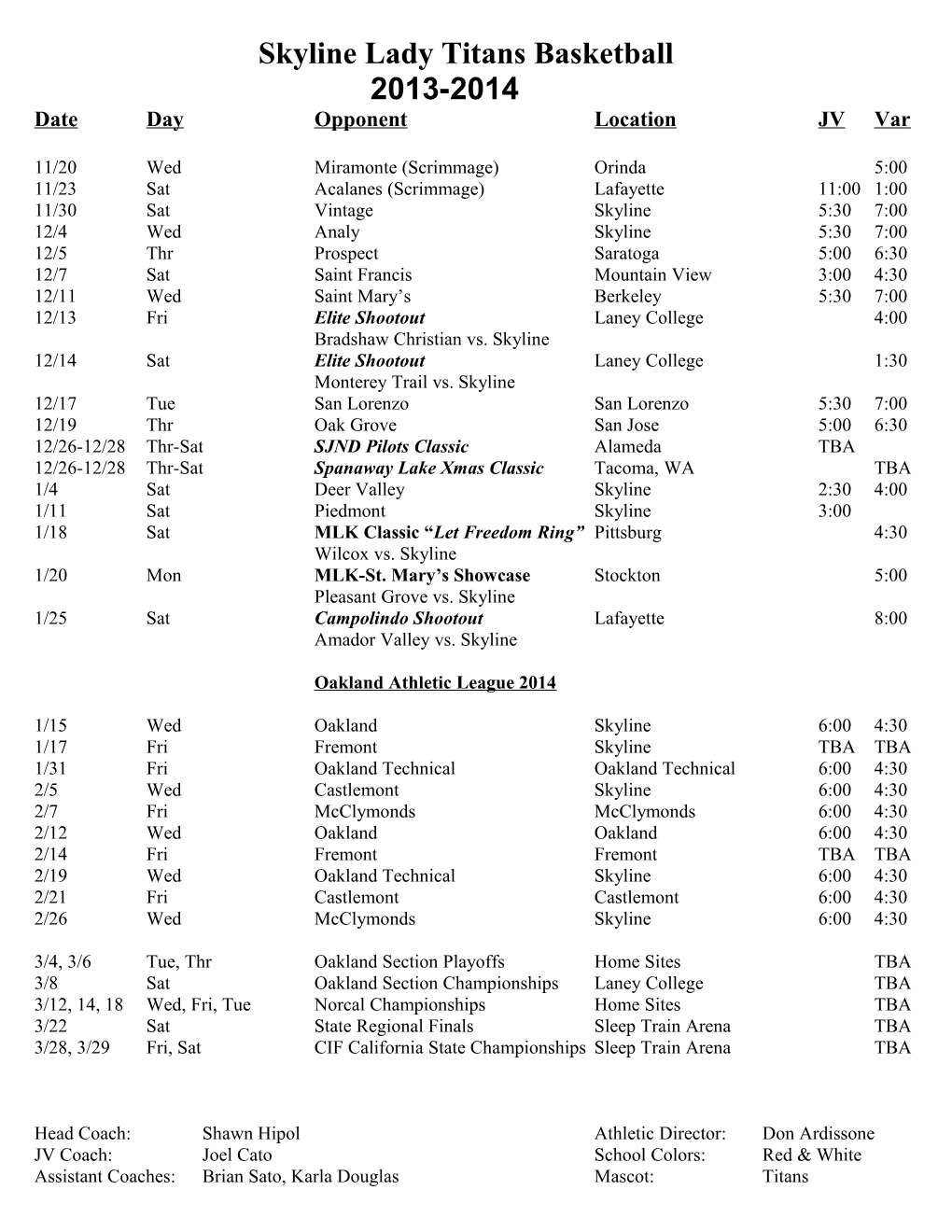 Skyline Lady Titans Basketball Schedule